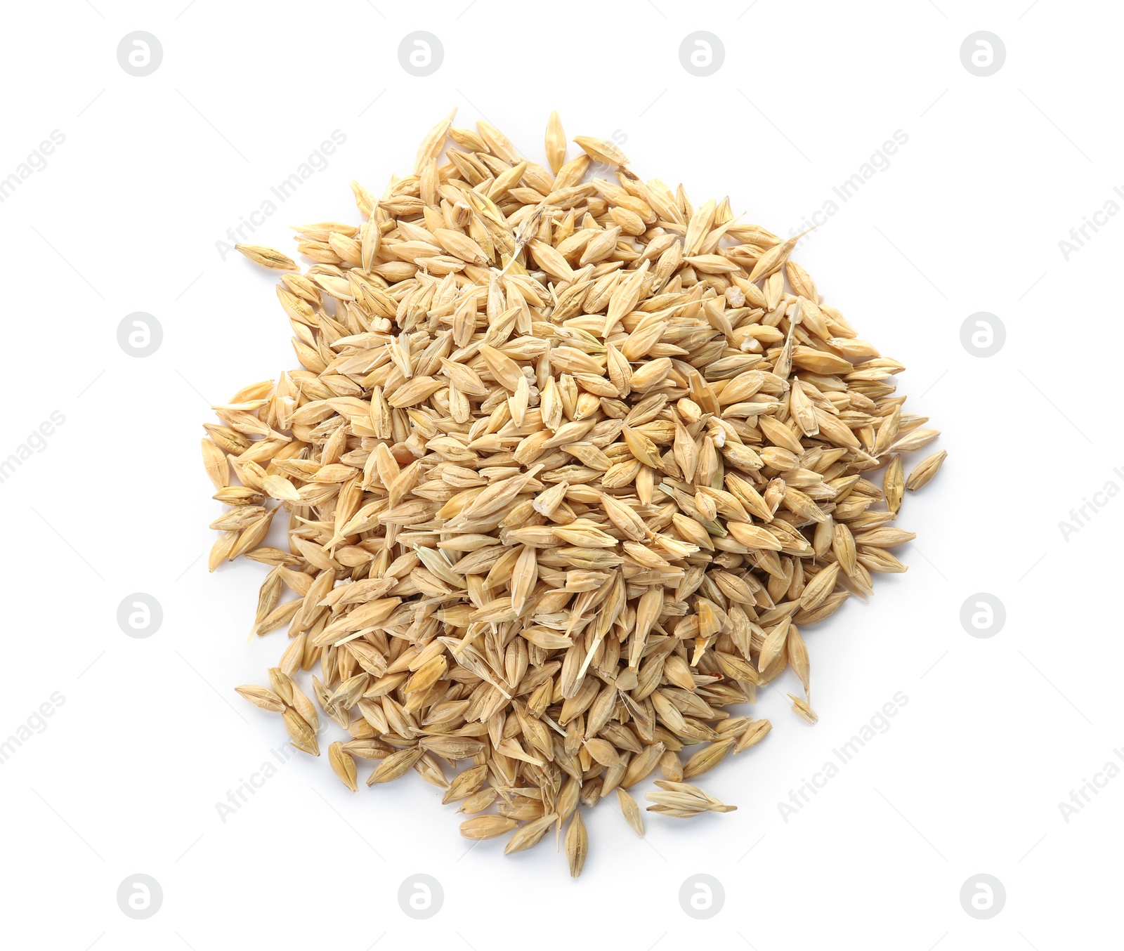 Photo of Raw barley on white background. Healthy grains and cereals