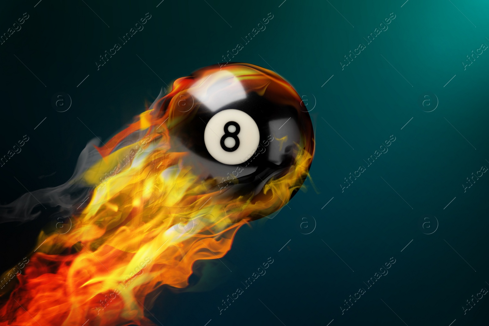 Image of Billiard ball with number 8 in fire flying on color background