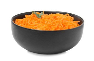 Photo of Delicious Korean carrot salad with parsley in bowl isolated on white