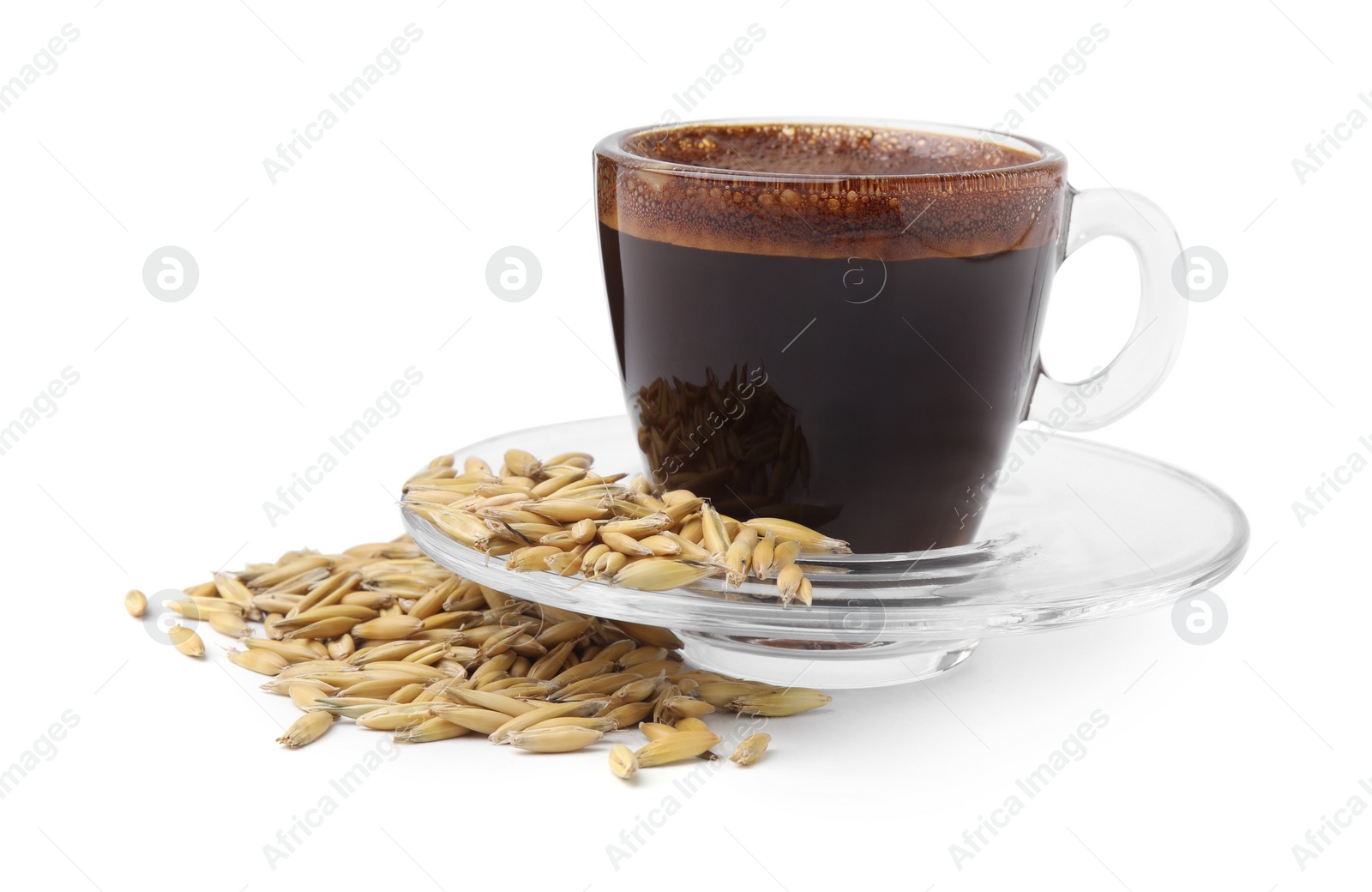 Photo of Cup of barley coffee and grains isolated on white