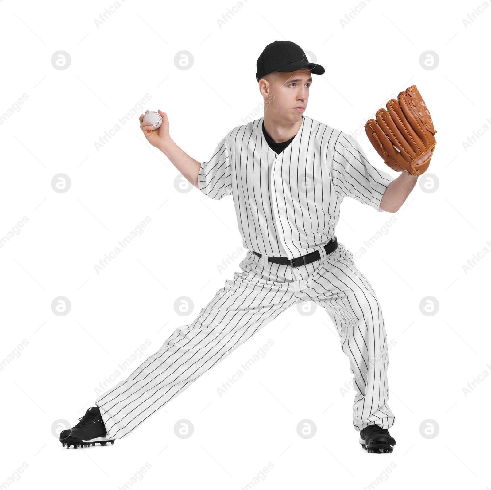 Photo of Baseball player with glove and ball on white background