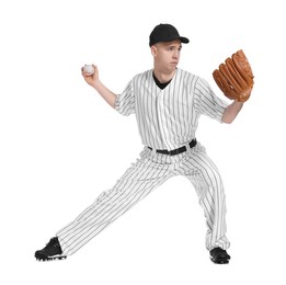 Baseball player with glove and ball on white background