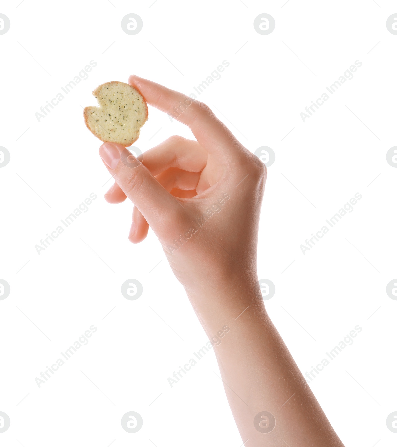 Photo of Woman holding crispy rusk on white background, closeup