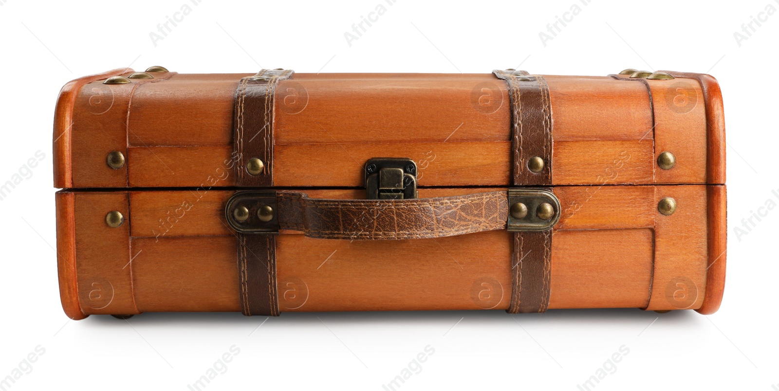 Photo of Beautiful brown stylish suitcase on white background