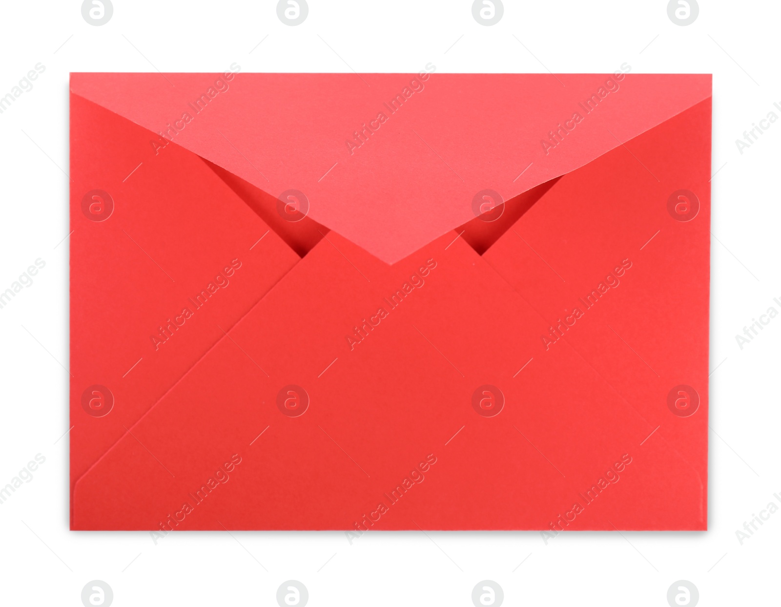 Photo of Open red letter envelope isolated on white, top view