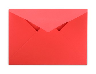 Photo of Open red letter envelope isolated on white, top view