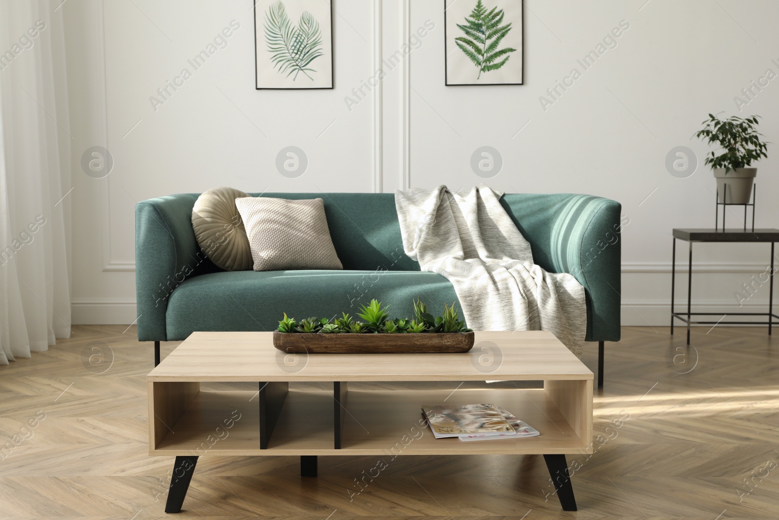 Photo of Soft green sofa and wooden table in living room. Interior design