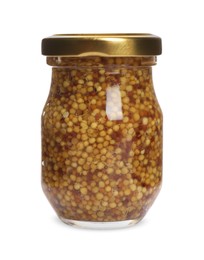 Photo of Jar of whole grain mustard on white background