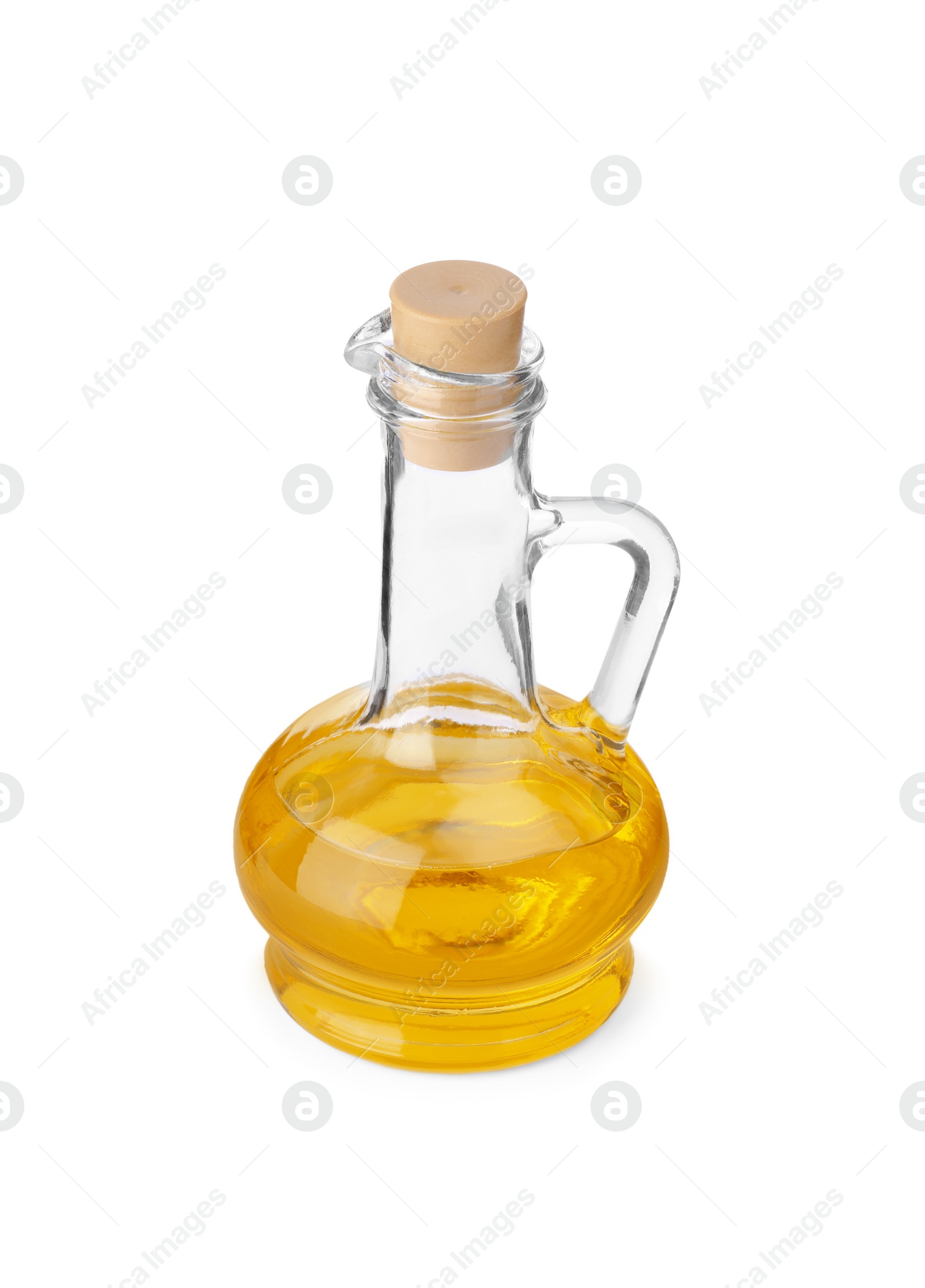 Photo of Glass jug of cooking oil isolated on white