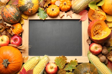 Photo of Flat lay composition with blank chalkboard, fruits, vegetables and autumn leaves as background, space for text. Thanksgiving Day