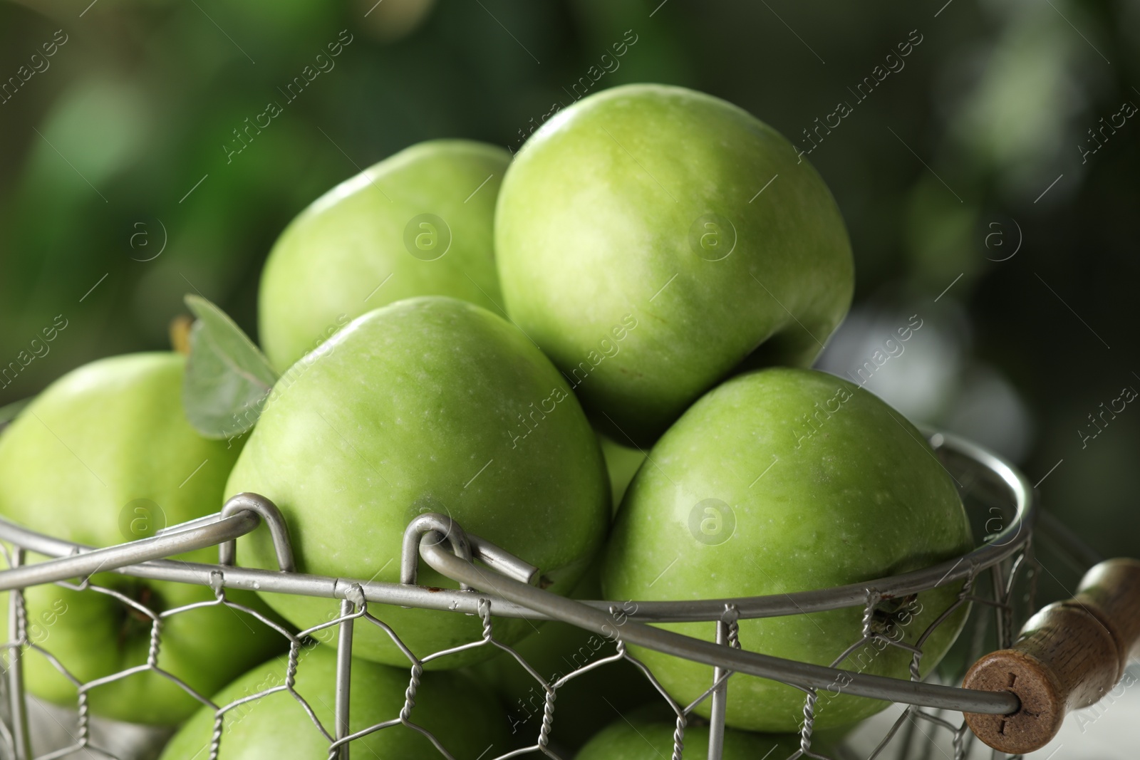 Photo of Metal basket with ripe green apples on blurred background, closeup