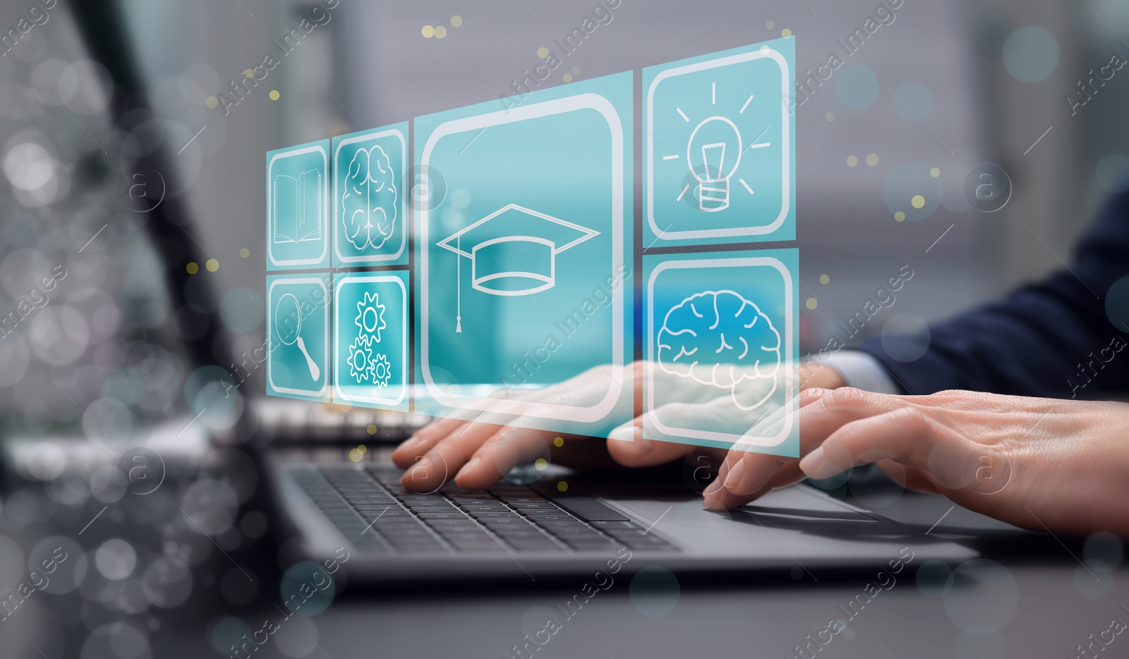 Image of E-learning. Woman working with laptop at table, closeup. Illustrations of different icons. Banner design