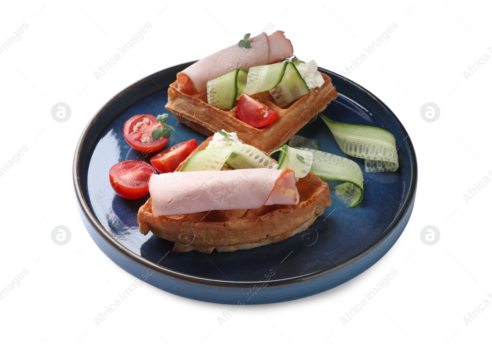 Photo of Delicious Belgian waffle with ham, cream cheese and vegetables on white background