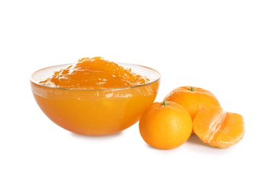 Bowl of tasty jam and fresh tangerines on white background