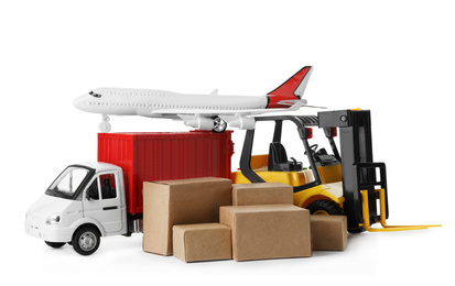 Photo of Different logistics transport with boxes isolated on white. Wholesale concept