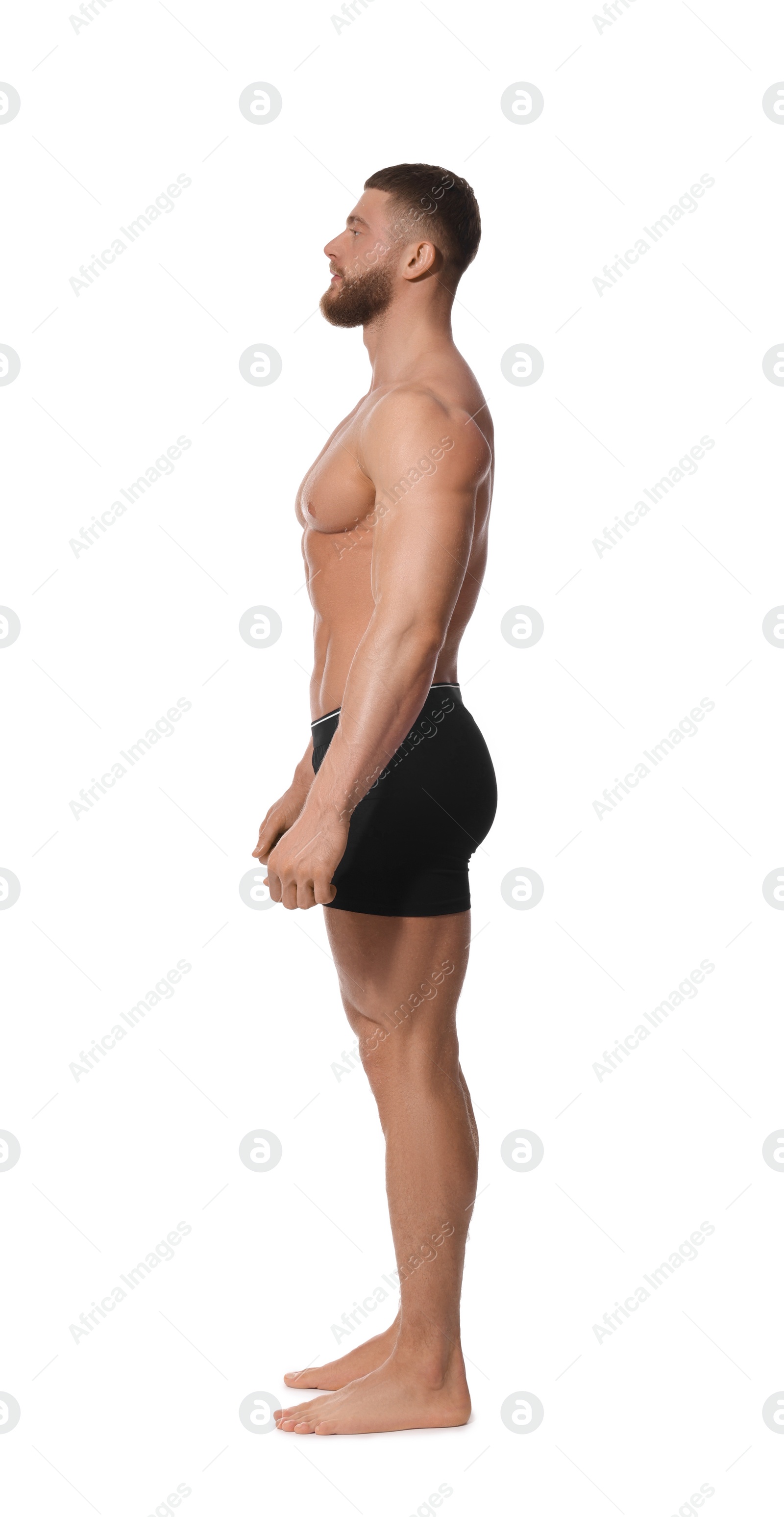 Photo of Young man is stylish black underwear on white background