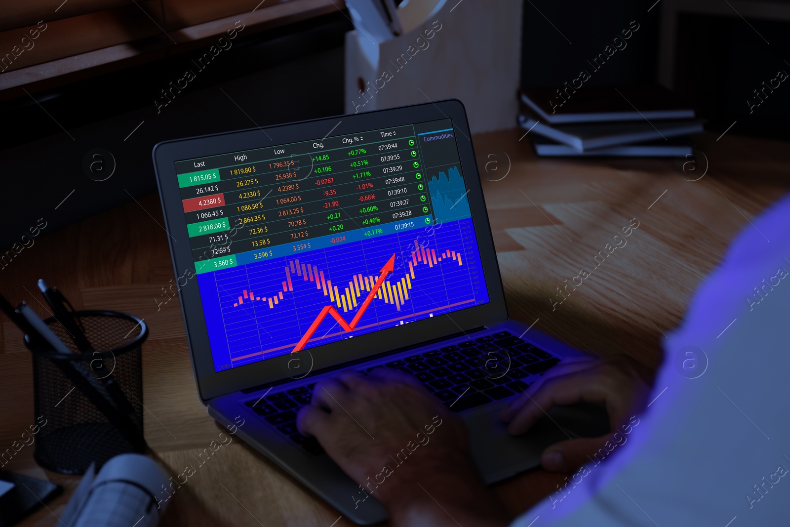 Image of Man analyzing situation on stock exchange market via laptop, closeup. Data and graph on screen