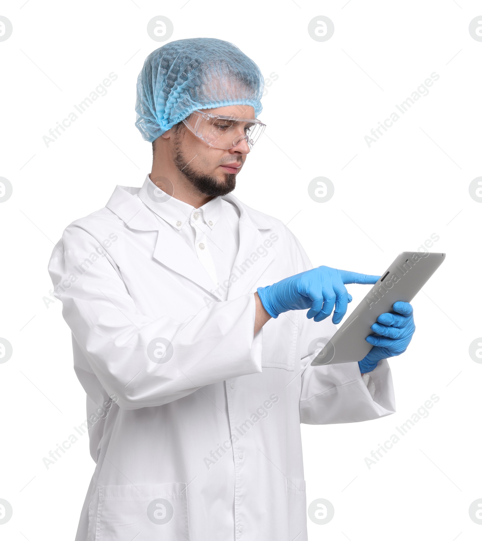 Photo of Quality control. Food inspector with tablet on white background