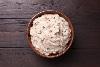 Delicious lard spread on wooden table, top view