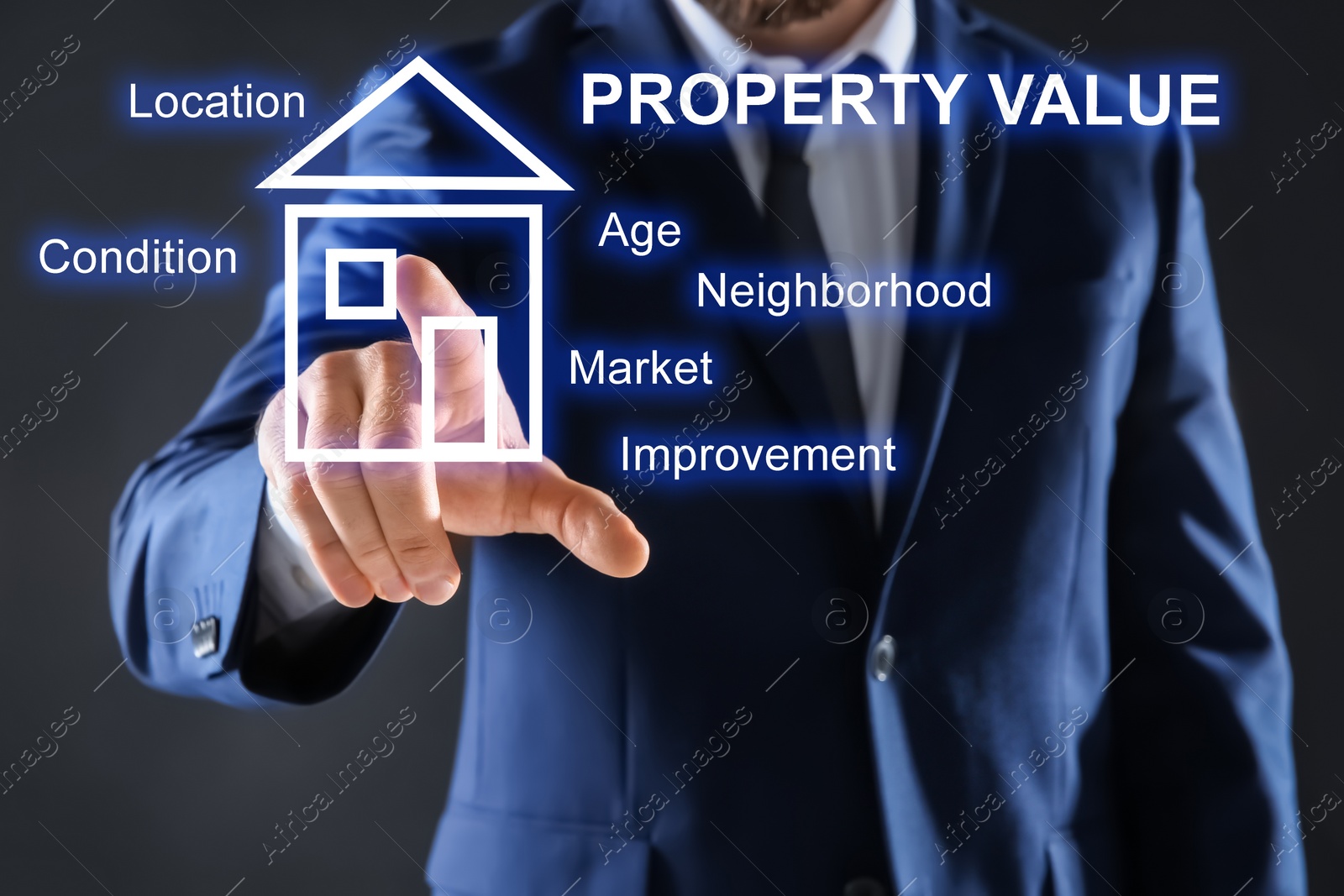 Image of Real estate agent using virtual screen with house illustration, closeup. Property value concept