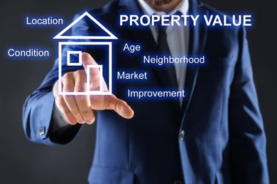 Image of Real estate agent using virtual screen with house illustration, closeup. Property value concept