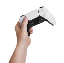 Photo of Woman holding wireless game controller on white background, closeup