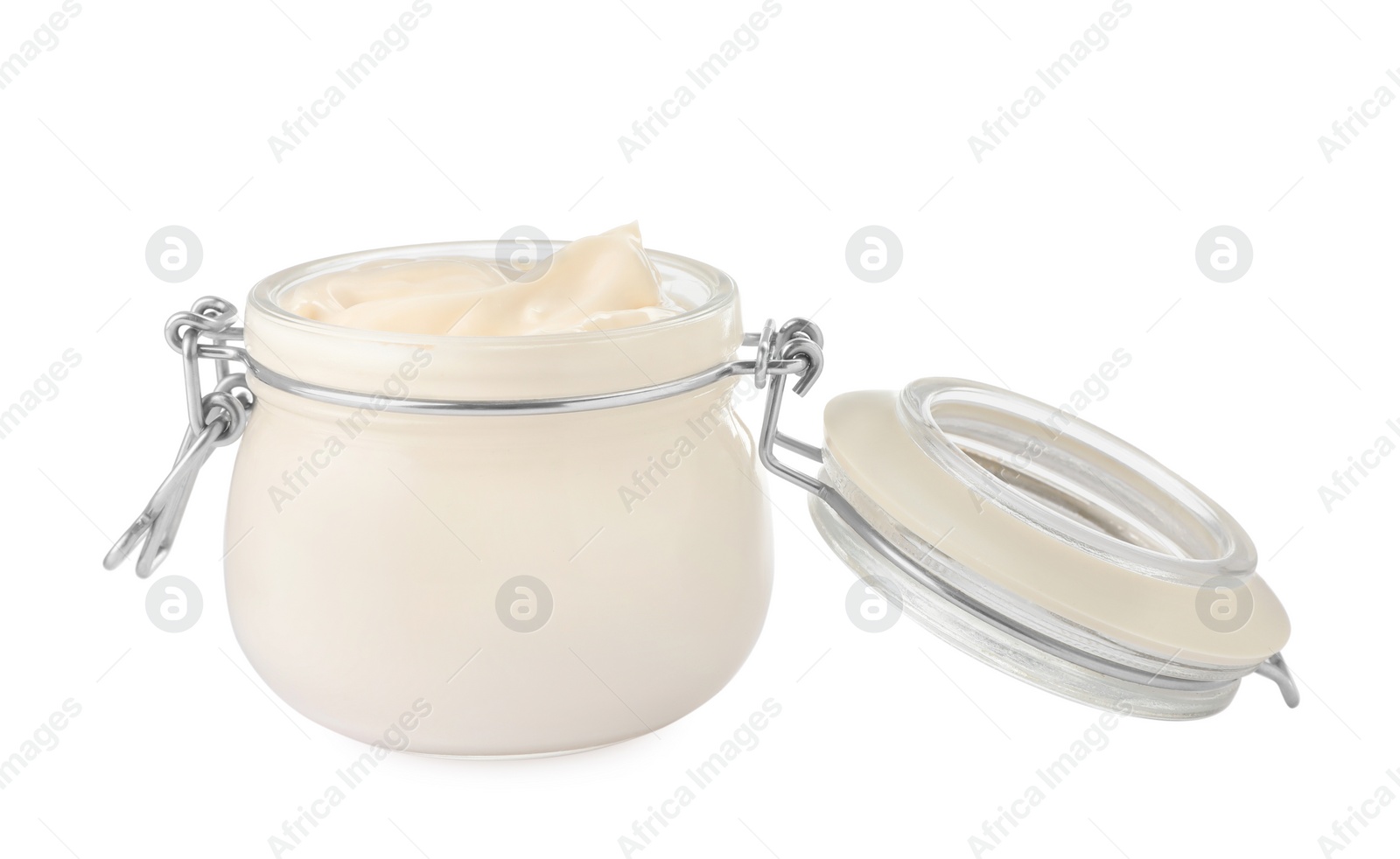 Photo of Mayonnaise in glass jar isolated on white