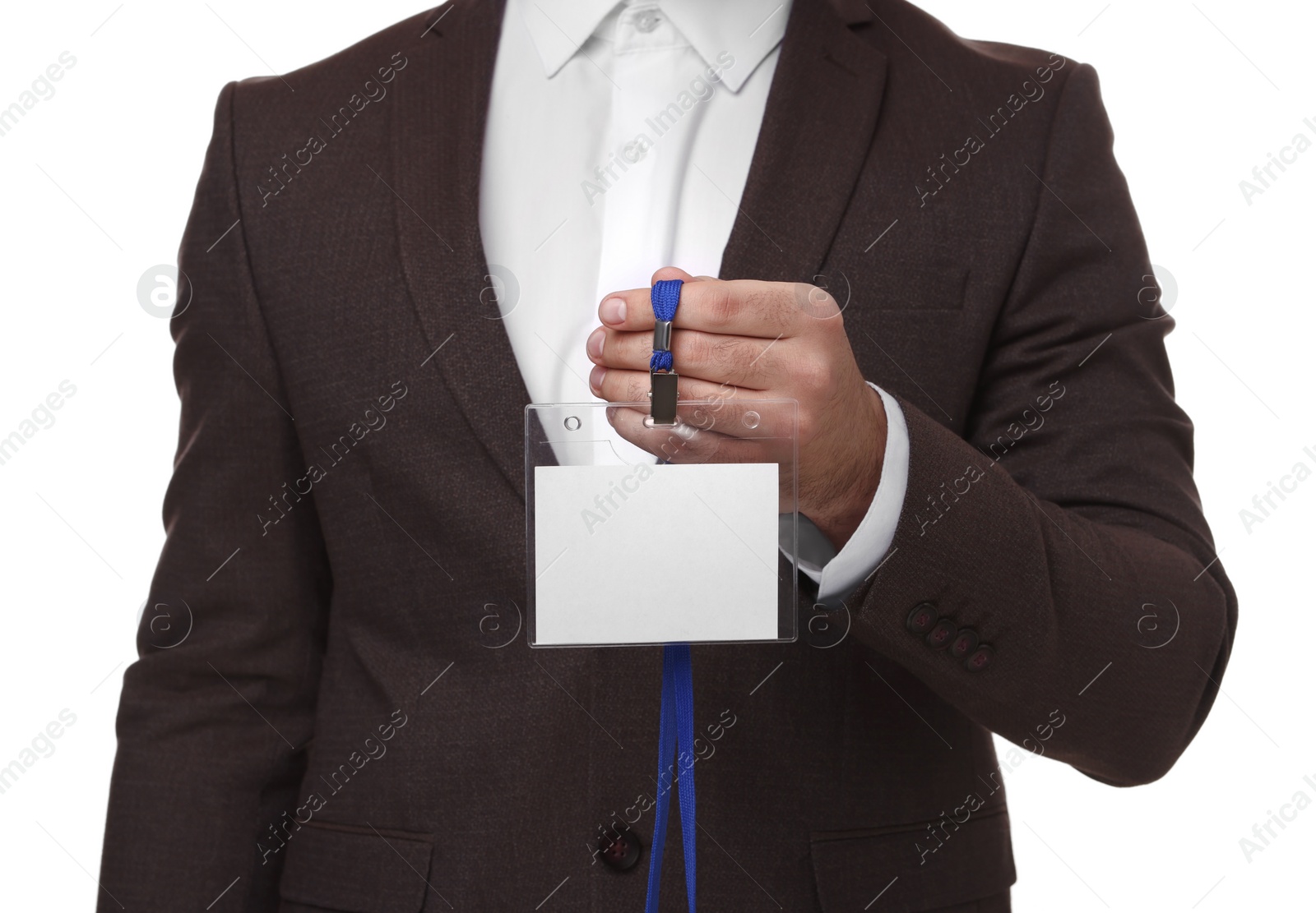 Photo of Man with blank badge isolated on white, closeup