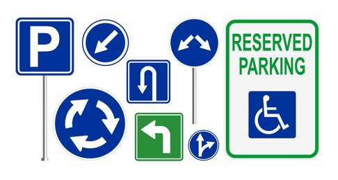 Illustration of Set with different road signs on white background. Banner design