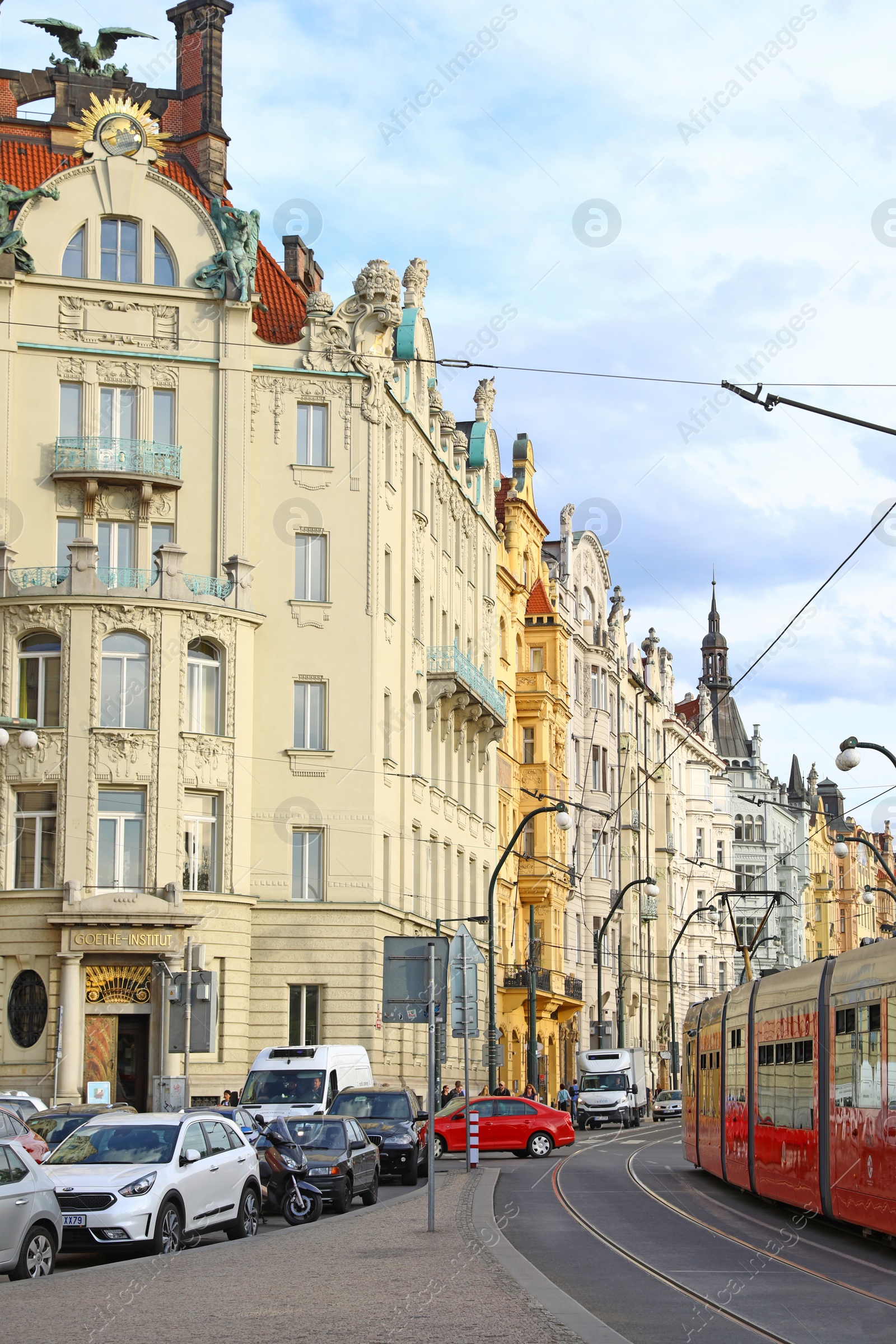 Photo of PRAGUE, CZECH REPUBLIC - APRIL 25, 2019: City street with beautiful buildings and road traffic