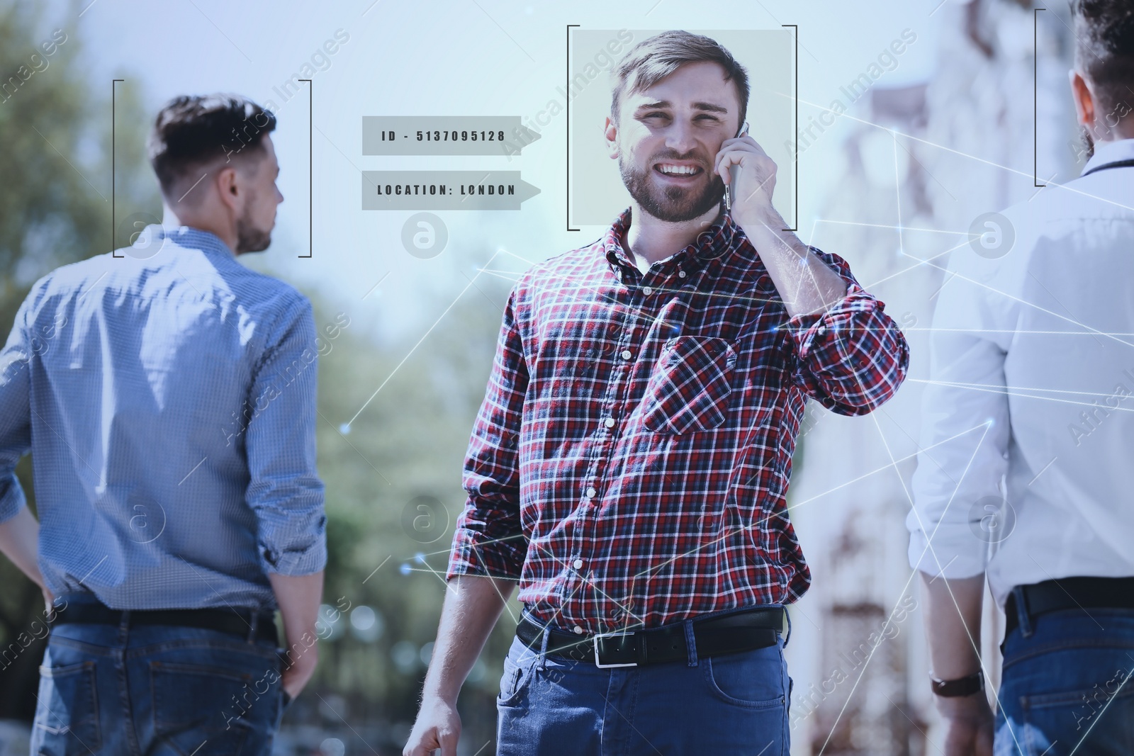 Image of People search by facial recognition. Man outdoors with scanner frame on face and his private information