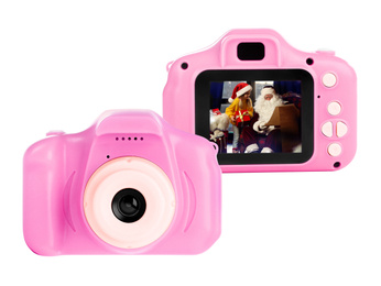Image of Pink toy cameras on white background in collage, one with photo of little girl and Santa Claus 