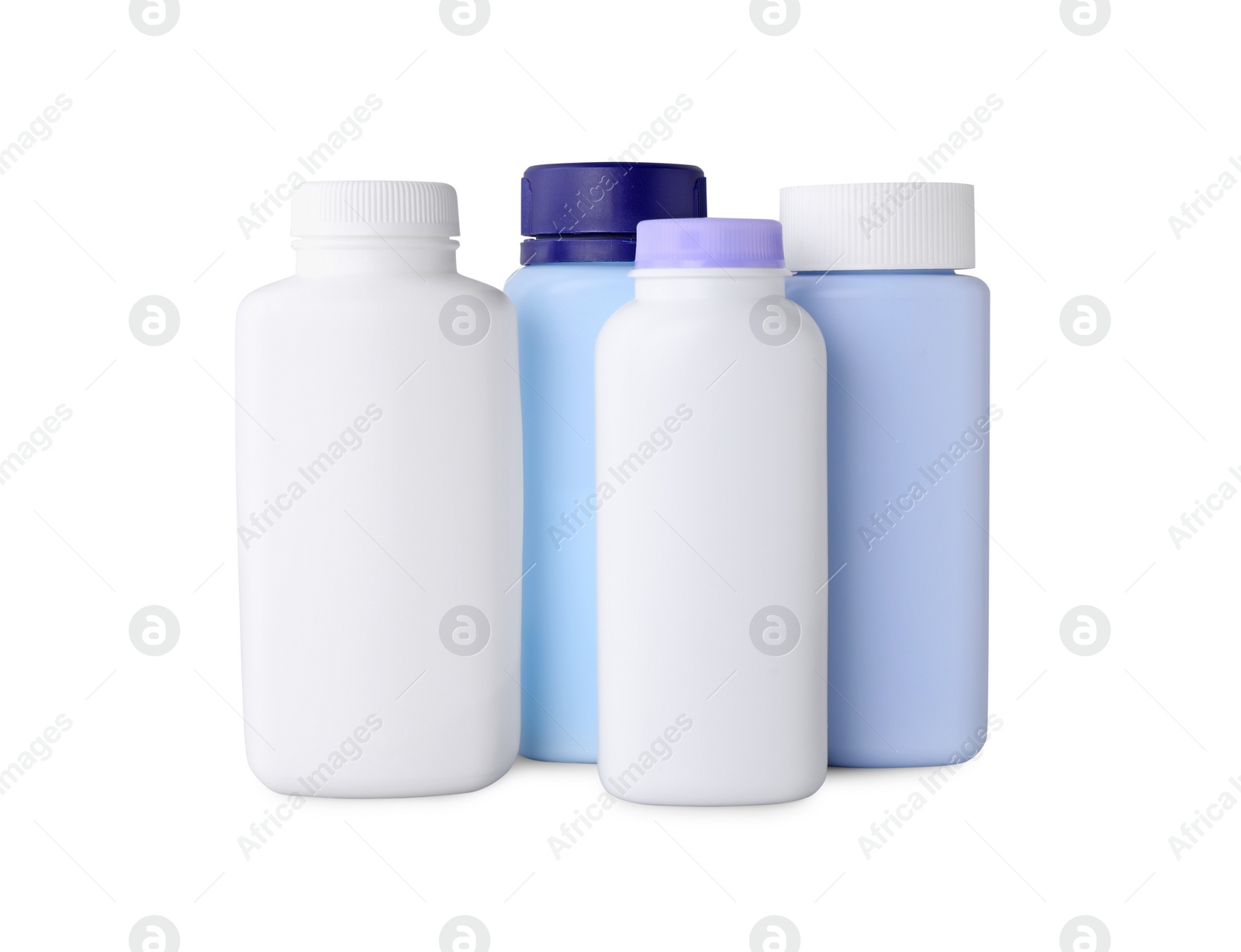 Photo of Blank bottles of baby powder isolated on white
