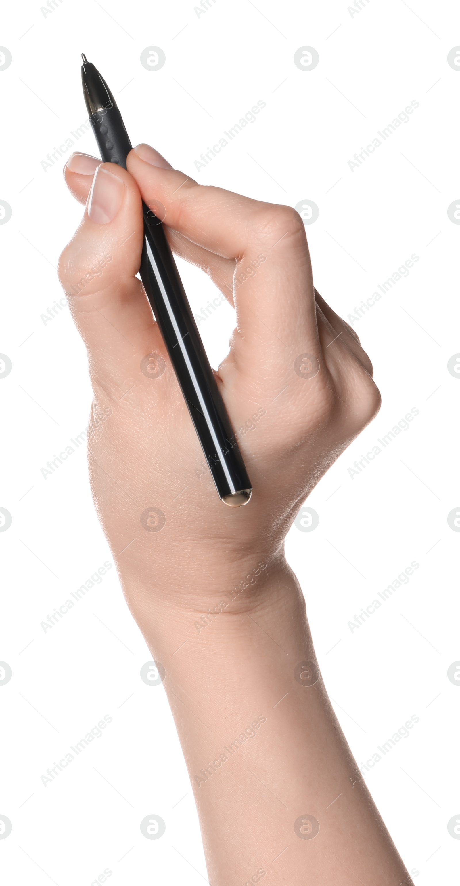 Photo of Woman holding pen on white background, closeup of hand