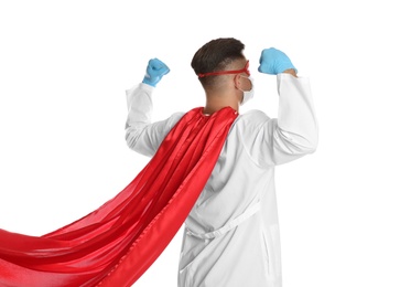 Doctor wearing face mask and cape on white background. Super hero power for medicine