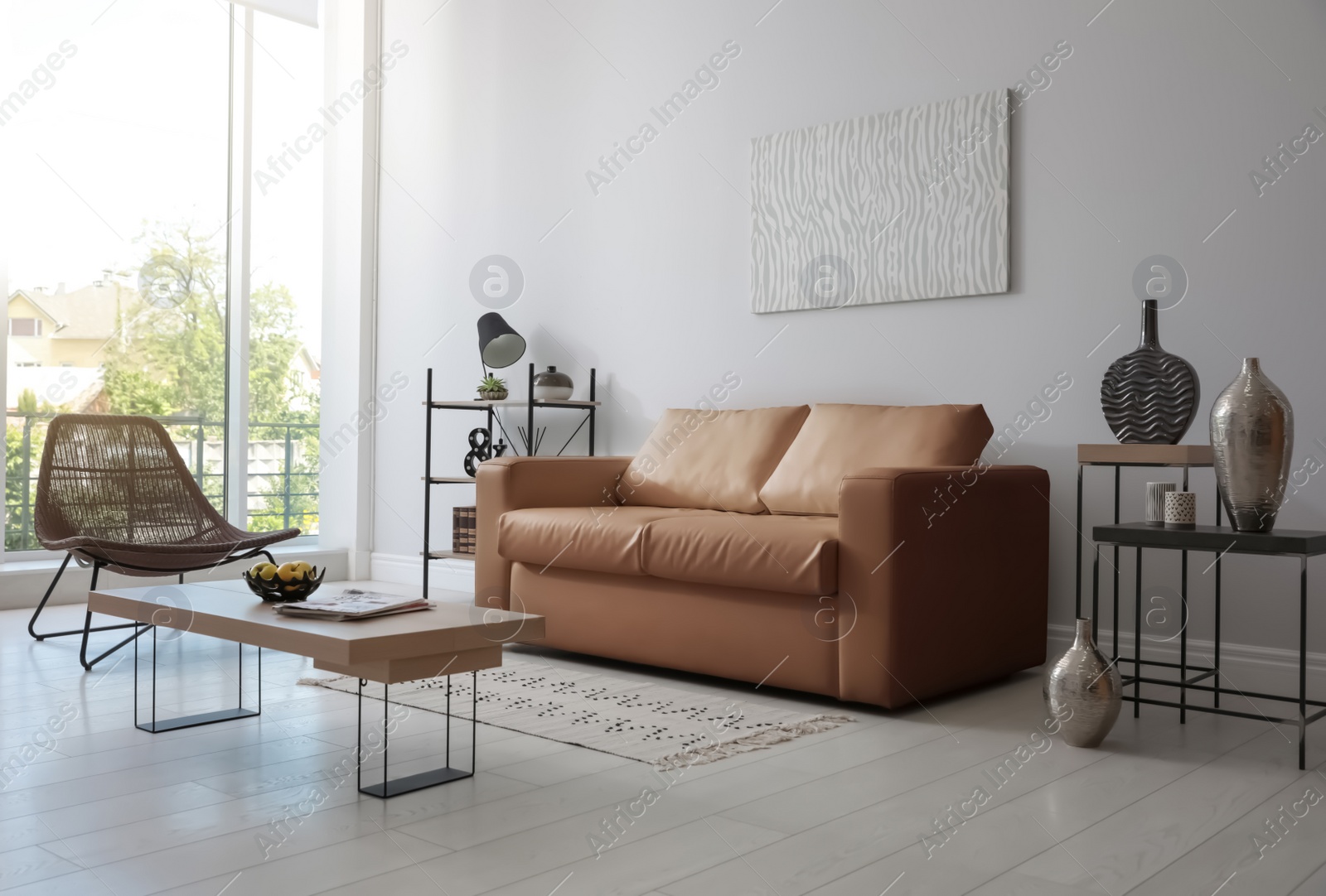 Photo of Modern living room interior with stylish leather sofa