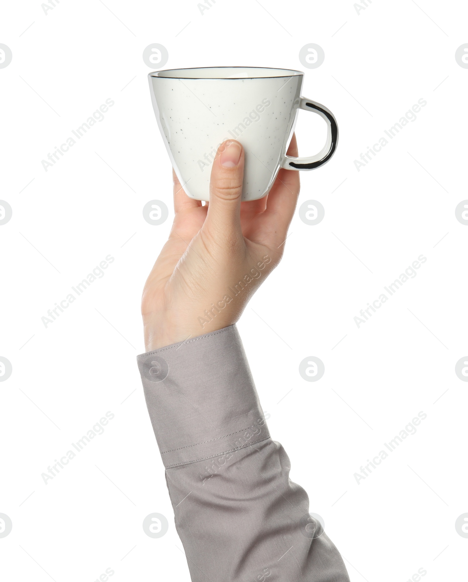 Photo of Woman holding cup on white background, closeup