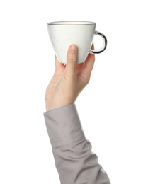 Photo of Woman holding cup on white background, closeup