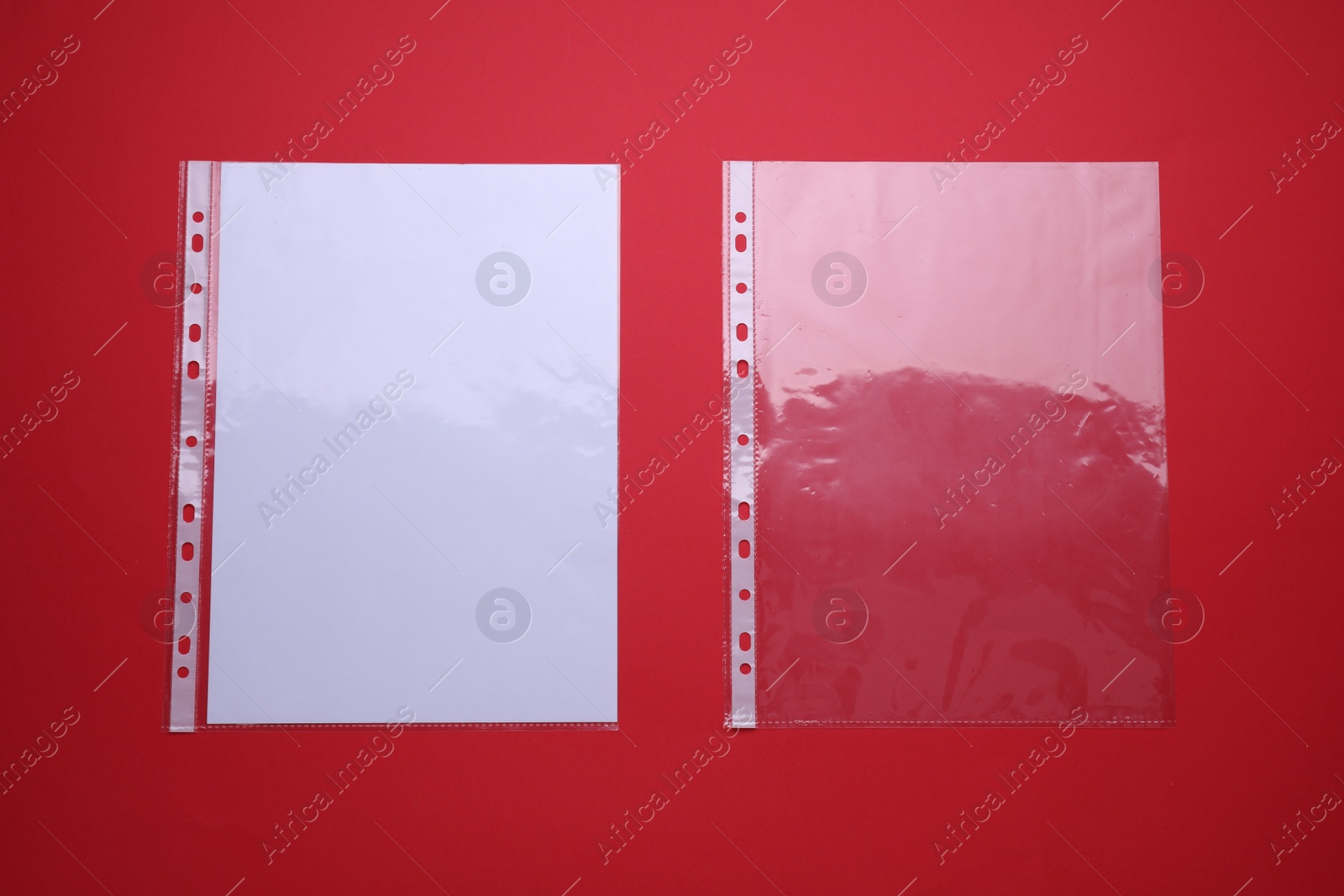 Photo of Punched pockets on red background, flat lay