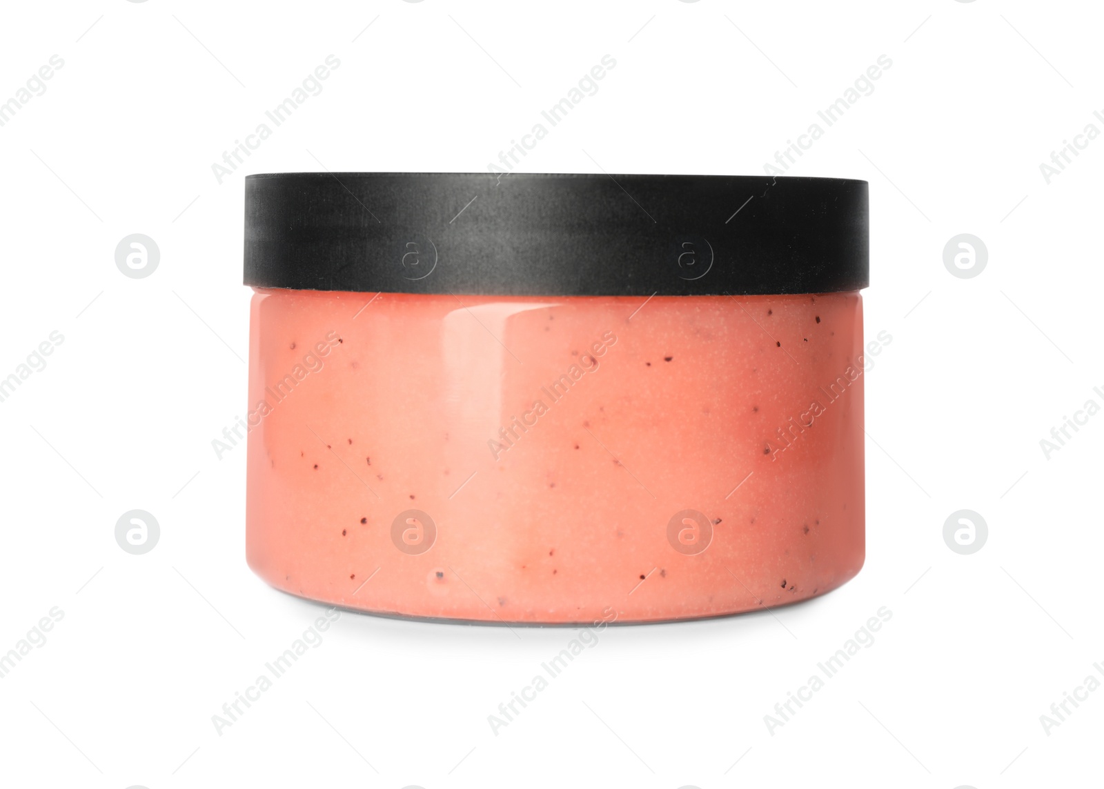 Photo of Body scrub in jar isolated on white