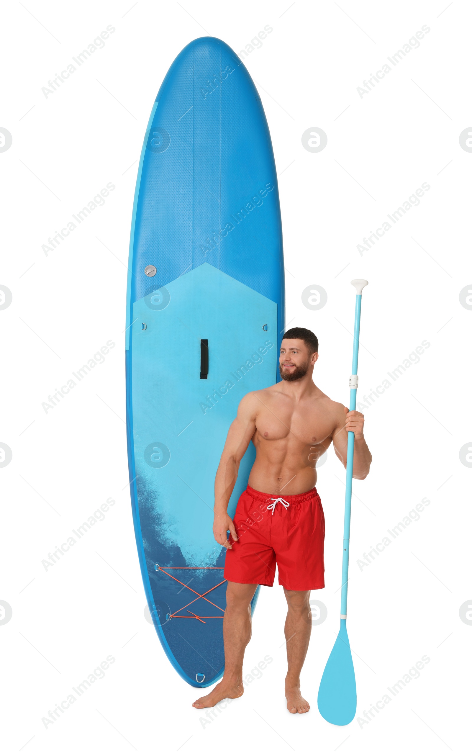 Photo of Happy man with blue SUP board and paddle on white background