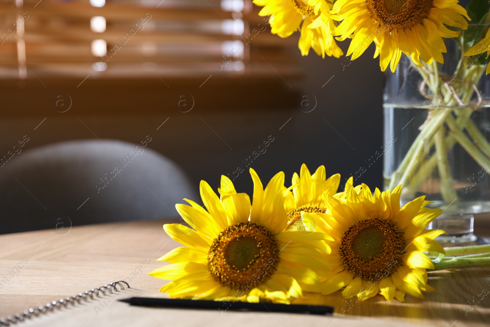 Photo of Bouquet of beautiful sunflowers and notebook on wooden table in room