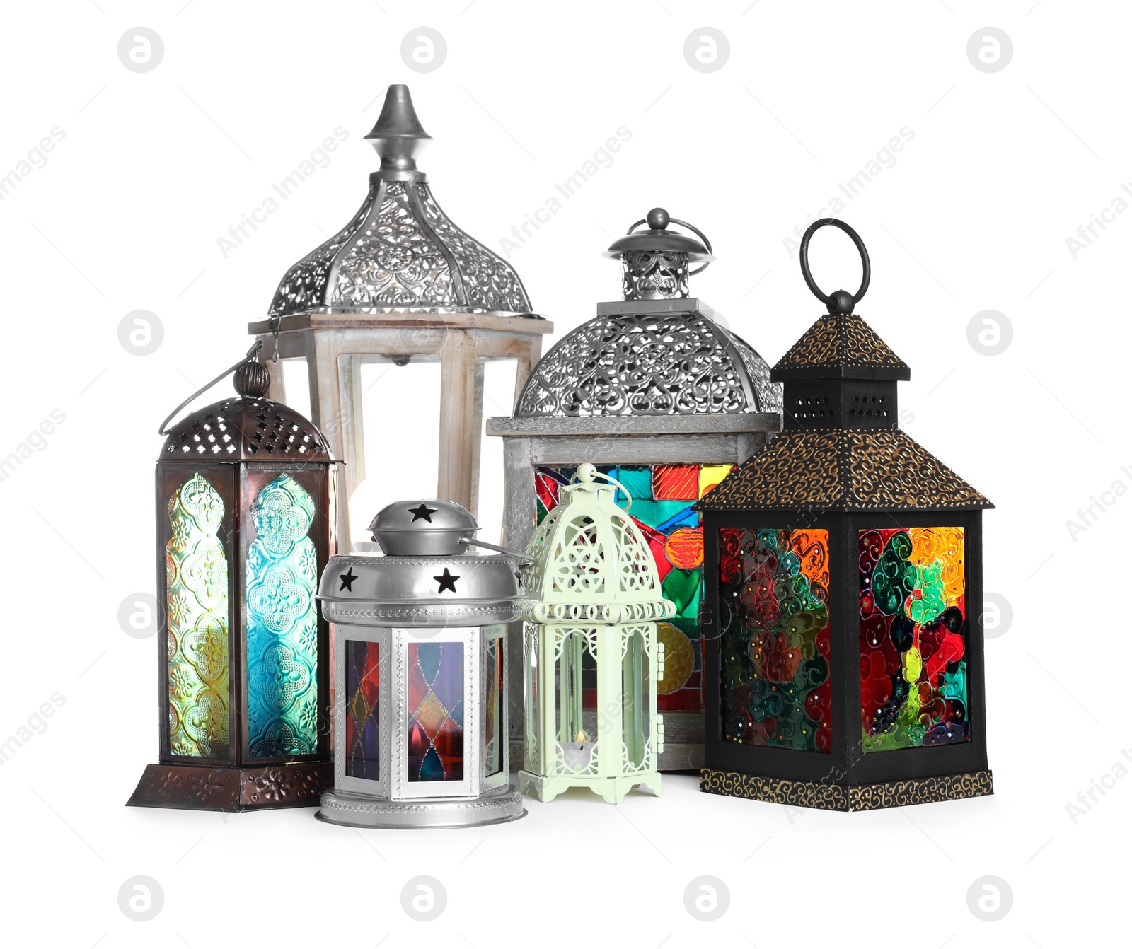 Photo of Different decorative Arabic lanterns on white background