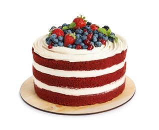 Photo of Delicious homemade red velvet cake with fresh berries on white background