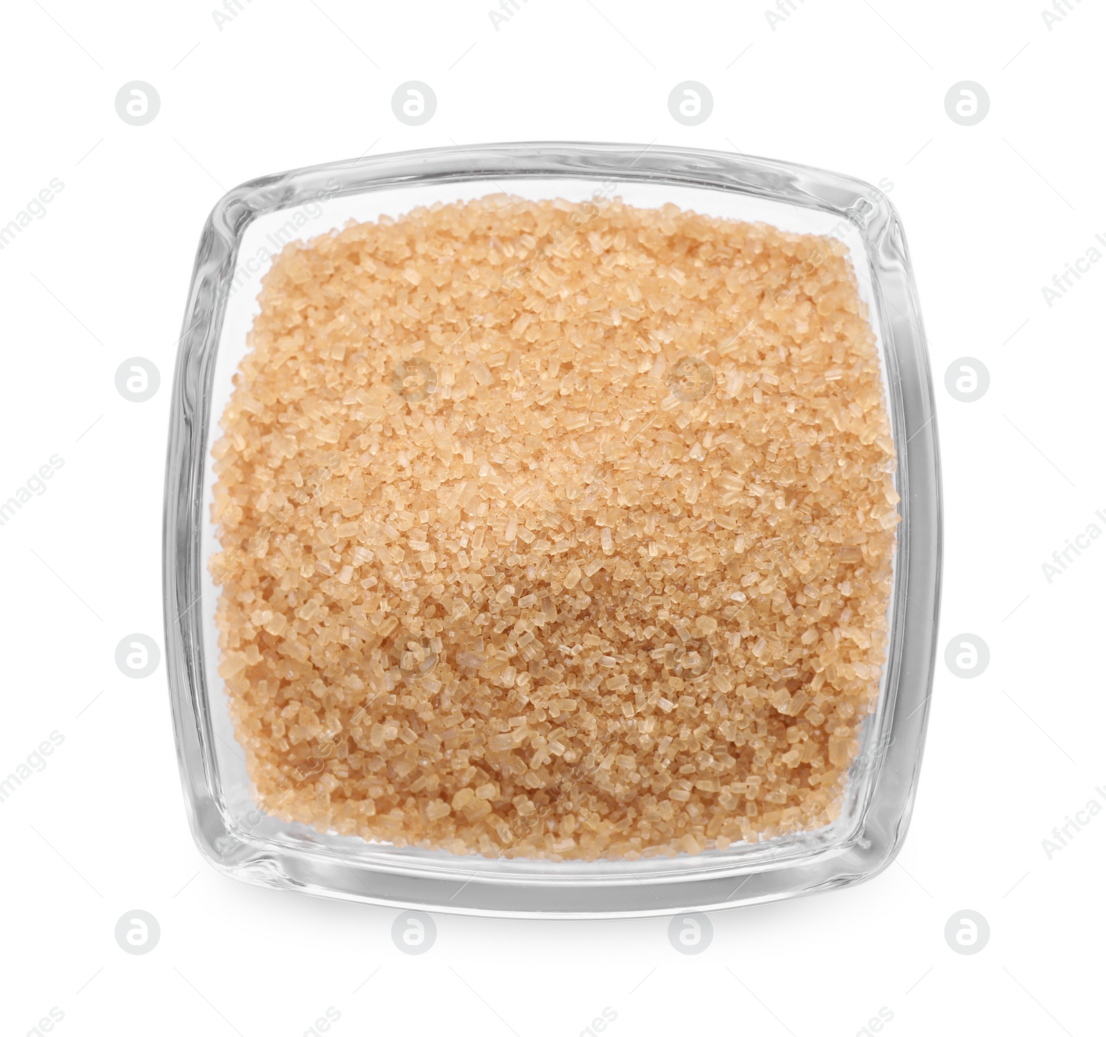 Photo of Brown sugar in glass bowl isolated on white, top view