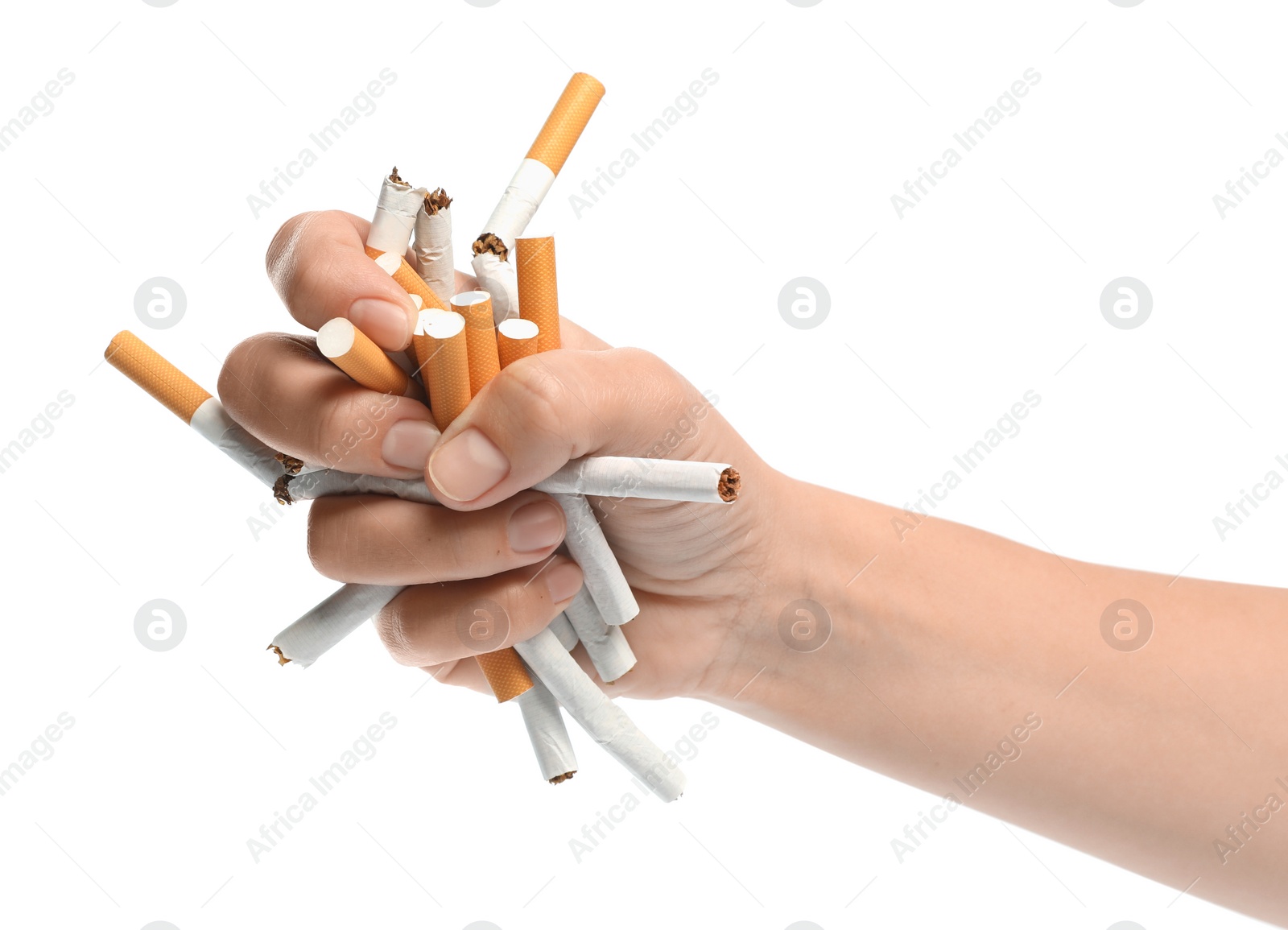 Photo of Stop smoking. Man holding broken cigarettes on white background, closeup