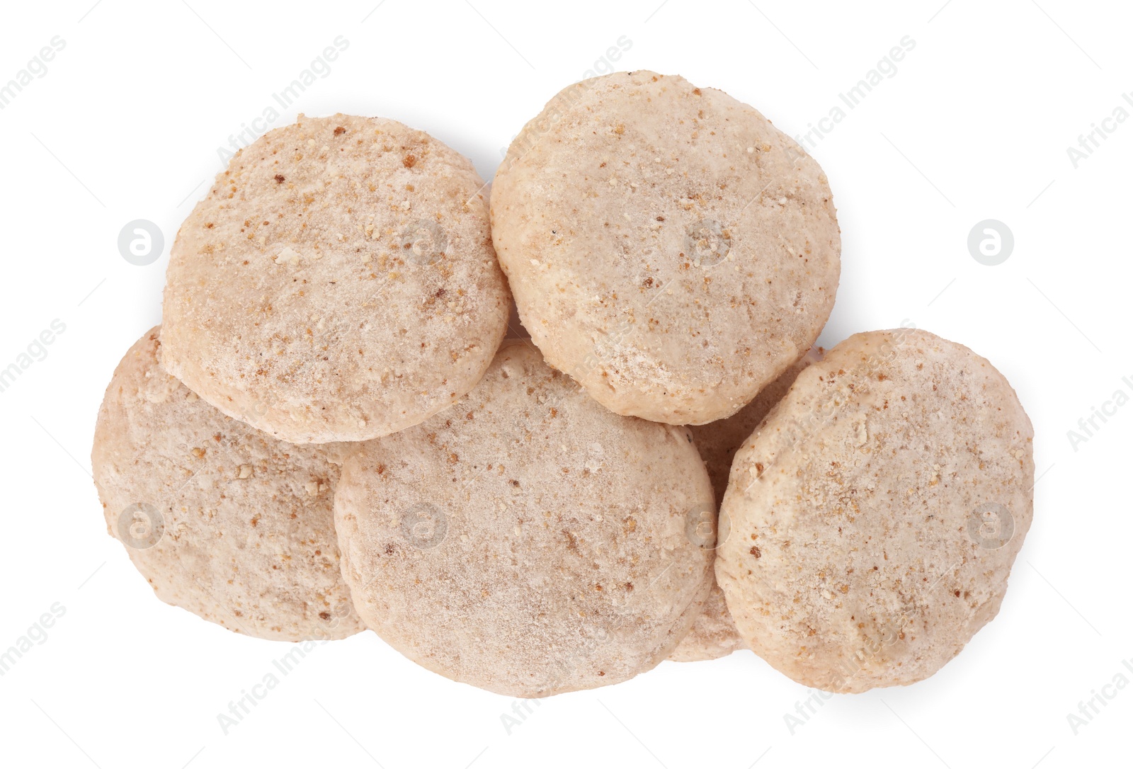 Photo of Raw vegan nuggets isolated on white, top view