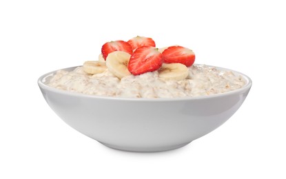 Photo of Tasty boiled oatmeal with banana and strawberries in bowl isolated on white