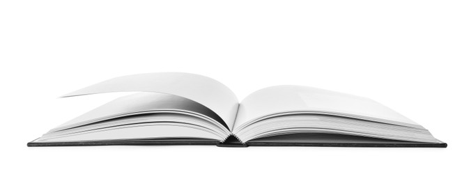 Photo of Open book with hard cover on white background