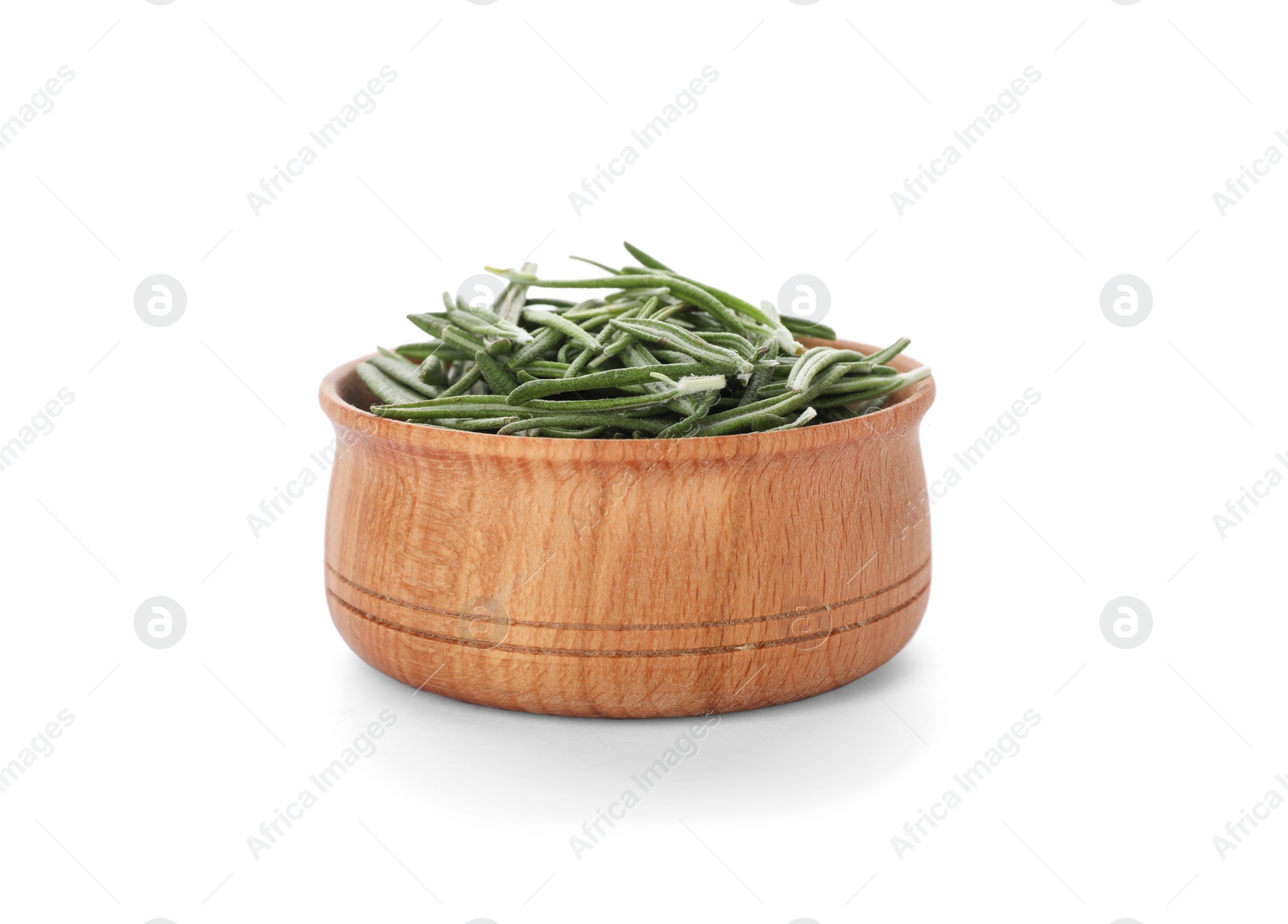 Photo of Small bowl with rosemary on white background. Different spices for cooking